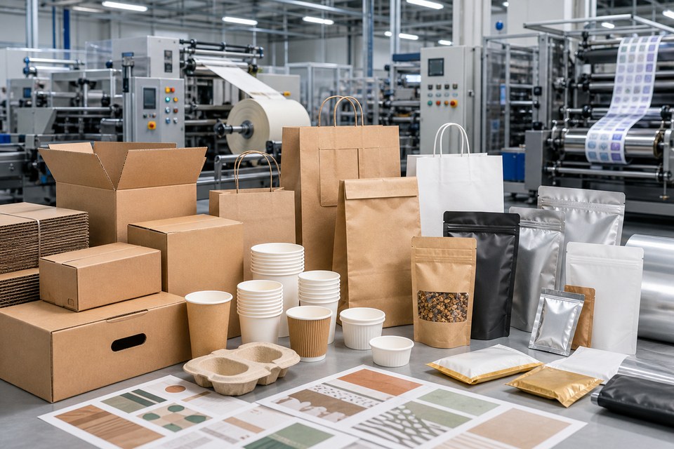 Cartons, corrugated boxes, bags, cups, and flexible packaging
